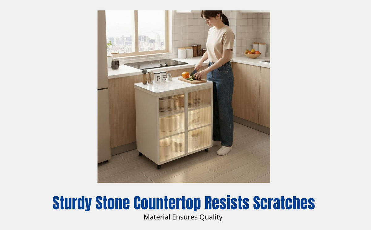 Kitchen Storage Cabinet, Sintered Stone Countertop, Movable Workstation, Modern Sideboard, Large Capacity Organizer