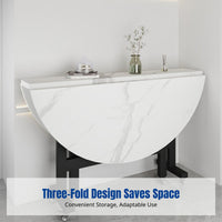 Folding Dining Table, Movable Round Table for Small Spaces, 3-Fold, Modern Marble Pattern