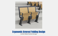 Lecture Hall Chair, Durable Wood Row Seating, University Classroom Desk Chair, Foldable Auditorium Seat, Metal Frame, With Armrest