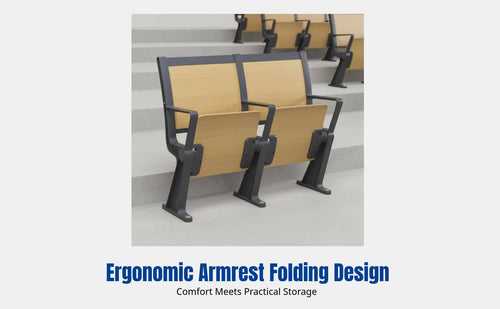 Lecture Hall Chair, Durable Wood Row Seating, University Classroom Desk Chair, Foldable Auditorium Seat, Metal Frame, With Armrest