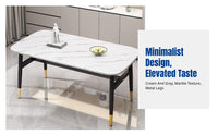 Rectangular Dining Table, Modern Marble Pattern Surface, Small Space Home, Metal Legs, Minimalist Design, Table and Chair Set, Comfortable Seating