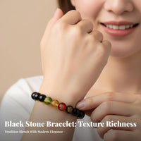 black stone Five Fortune Bracelet, Unisex, Carved fortunate Beads, Birthday Year, Oriental Accessory