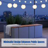 Outdoor Planter Bench, Stainless Steel Frame, Solid Wood Seat, Plaza, Mall, Community, Modular