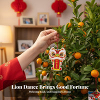 Chinese New Year Lion Dance Hanging Decoration, Double-Sided Card, Festive Cartoon Design, Red String Bag