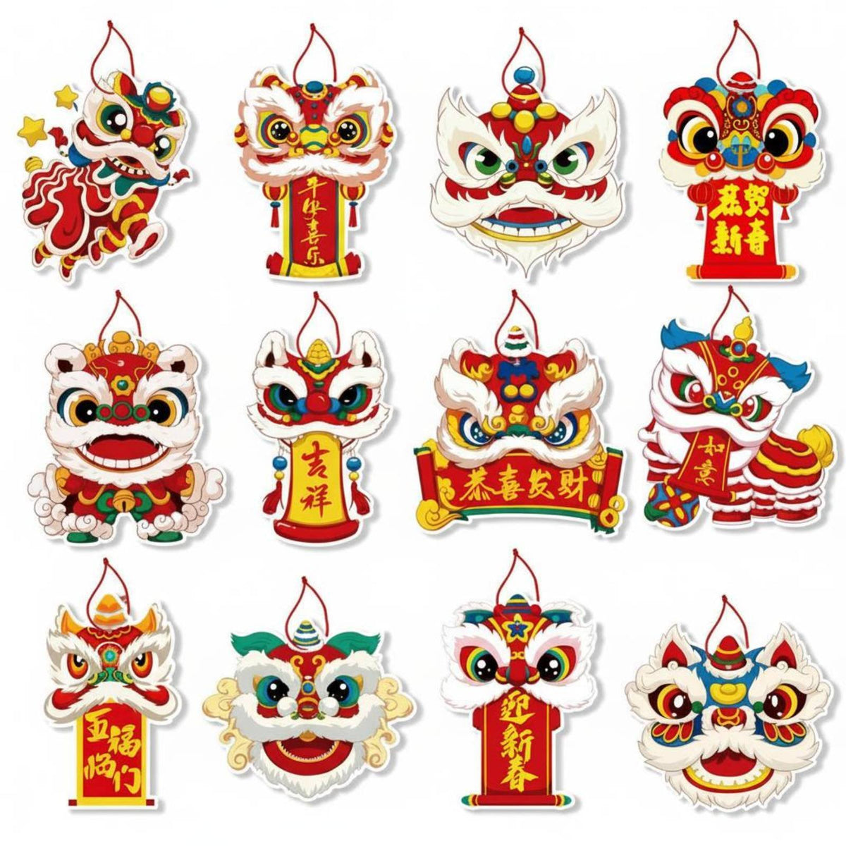 Chinese New Year Lion Dance Hanging Decoration, Double-Sided Card, Festive Cartoon Design, Red String Bag