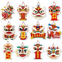 Chinese New Year Lion Dance Hanging Decoration, Double-Sided Card, Festive Cartoon Design, Red String Bag