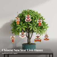 Chinese New Year Lion Dance Hanging Decoration, Double-Sided Card, Festive Cartoon Design, Red String Bag