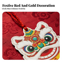Chinese New Year Lion Dance Hanging Decoration, Double-Sided Card, Festive Cartoon Design, Red String Bag