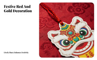 Chinese New Year Lion Dance Hanging Decoration, Double-Sided Card, Festive Cartoon Design, Red String Bag